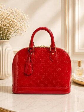 Authentic Louis Vuitton Alma GM Vernis Red Patent Leather Satchel Handbag LV